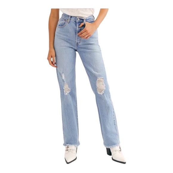 Levi's Denim - Levi's Ribcage Straight-Leg Button-fly Raw Hem Distressed Jeans Size 27